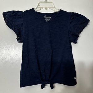 Lucky Brand Eyelet Sleaved Girls Tee Navy Blue Size Large 12-14
